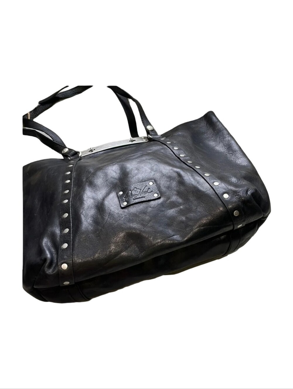Patricia Nash Black Leather Studded Tote Bag Silver Hardware Metal Bar Detail - Picture 10 of 14